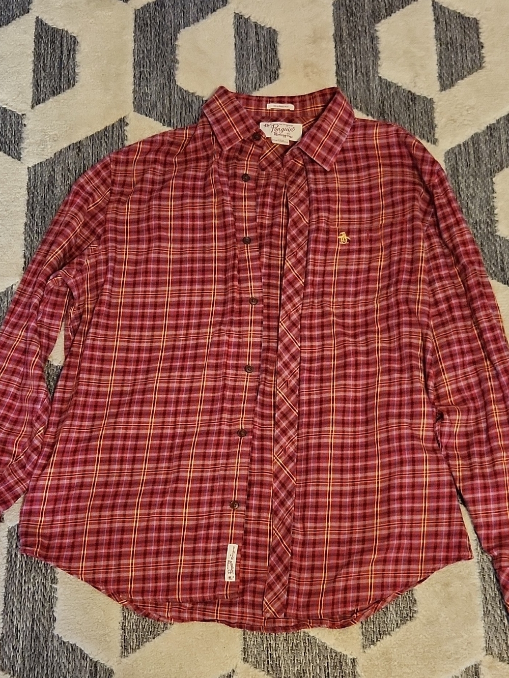 Original Penguin Red Plaid Button-Down Shirt with Yellow Stripes